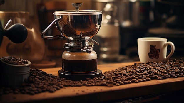 Una foto di uno scatto iper dettagliato di una tazza di caffè accanto a un macinatore di caffè