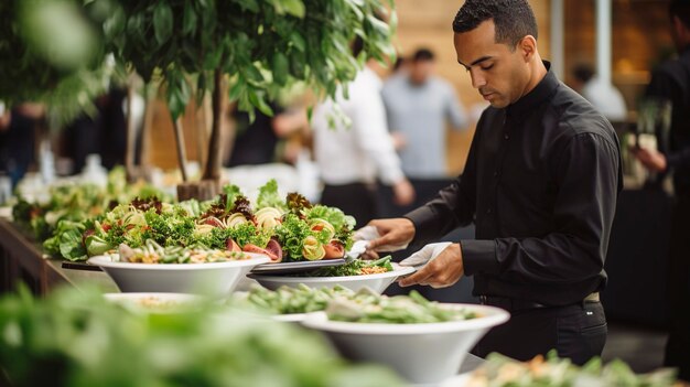 Una foto di uno staff di catering che allestisce una linea di buffet ad un evento aziendale