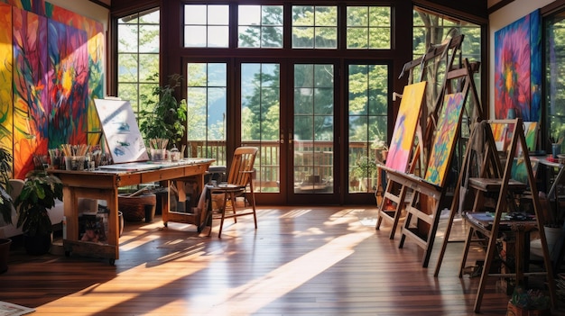 Una foto di uno studio d'arte luminoso con grandi finestre e pavimenti in legno