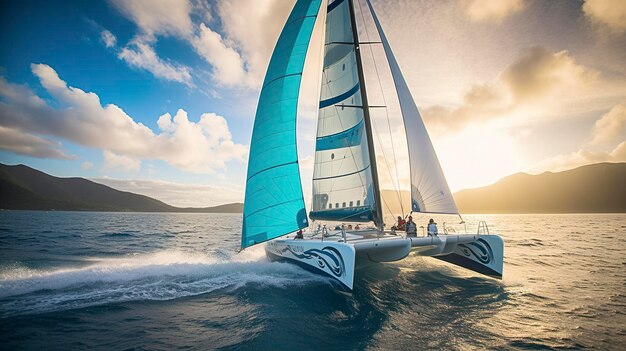 Una foto di uno yacht da regata veloce che naviga in acque aperte