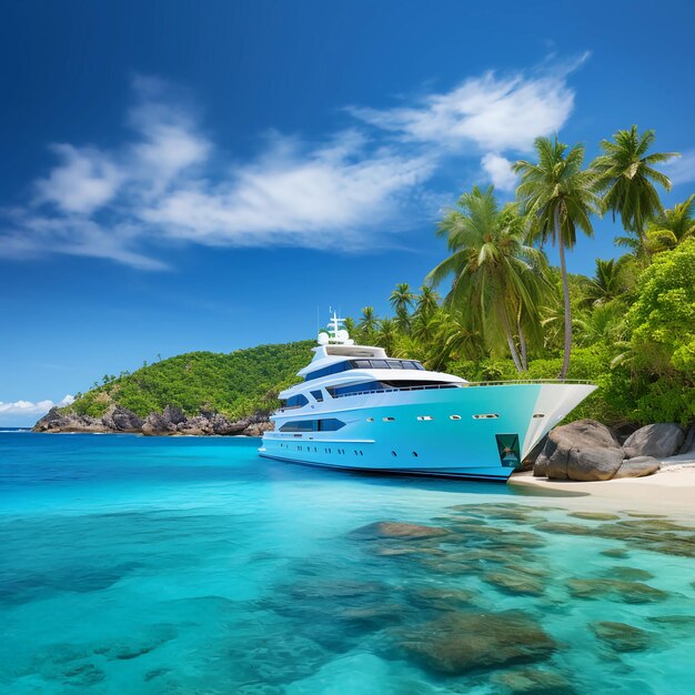 una foto di uno yacht di lusso nell'isola di sfondo del Mar dei Caraibi con le palme