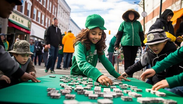 Una foto dinamica e divertente di bambini che giocano a una fiera del giorno di San Patrizio