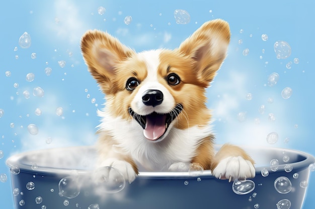 Una foto divertente di un cucciolo di corgi gallese che fa un bagno con bolle di sapone Pet Animal Illustration Generative AI