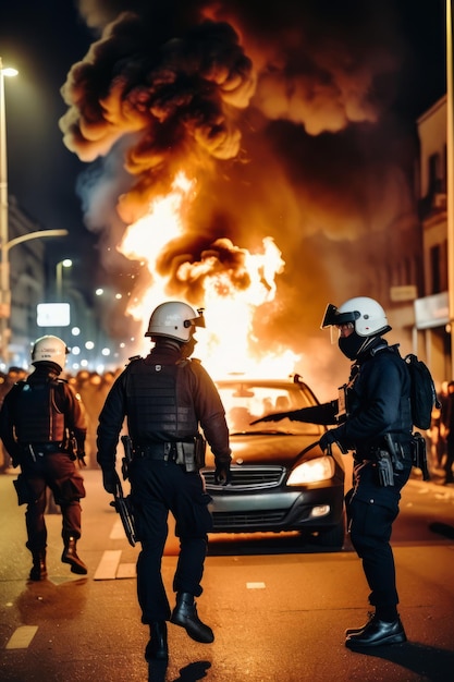 una foto documentaria di rivoluzioni rivoluzionarie e proteste che bruciano edifici e auto in città forze speciali di polizia con attrezzature che catturano i manifestanti di notte