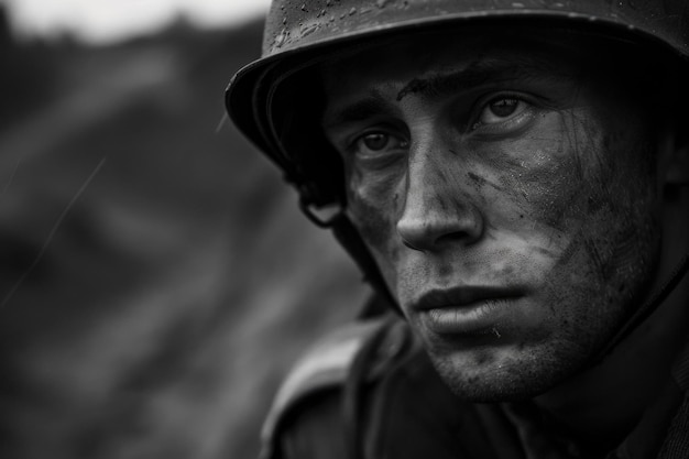 Una foto emotiva di un soldato della Seconda Grande Guerra una tragica esperienza di guerra un ritratto avvincente che riflette la profondità della sofferenza e l'eroismo nella lotta per la libertà