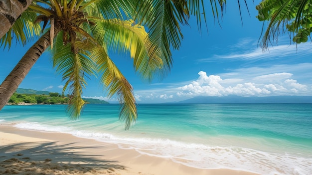 Una foto estiva della natura con un bellissimo albero di cocco e vista sul mare e spazio vuoto AI generativa
