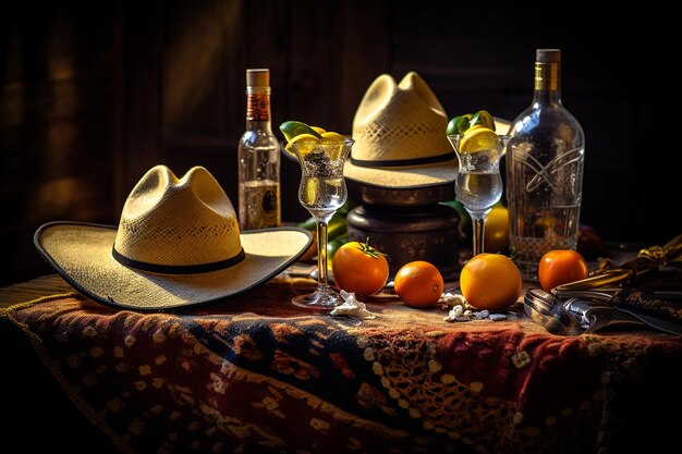 Una foto festiva di un tavolo di festa messicano con margarita e band di mariachi