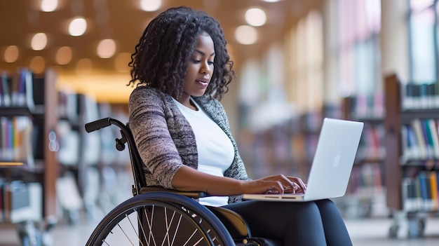 Una foto franca di una donna BIPOC in sedia a rotelle che usa un portatile in una biblioteca universitaria L'ambiente è studioso e accessibile AI Generative