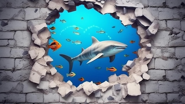 una foto gratis di pesce reso 3d sul muro