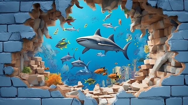 una foto gratis di pesce reso 3d sul muro