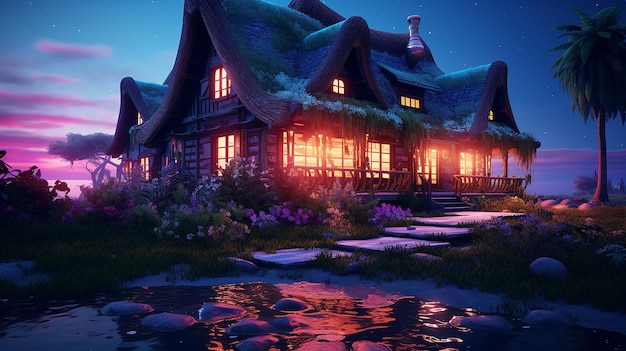 una foto gratuita di una casa colorata con vista notturna