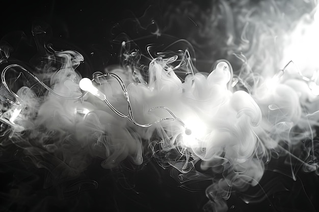 una foto in bianco e nero del fumo con la luce che splende su di esso