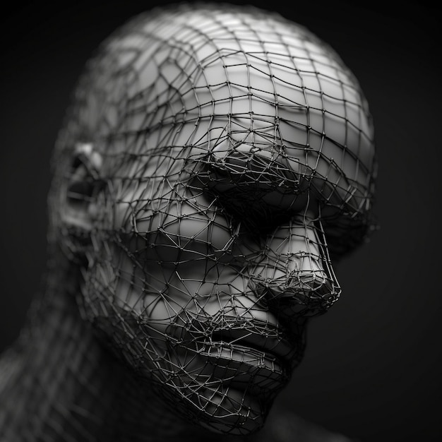 una foto in bianco e nero della testa di un uomo con una rete sopra.