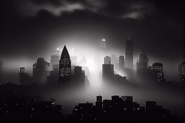 Una foto in bianco e nero dello skyline di una città nella nebbia con grattacieli in lontananza e nebbia nell'aria con un cielo scuro sullo sfondo e un basso strato di nebbia IA generativa