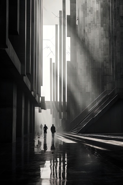 una foto in bianco e nero di due persone in piedi in una stanza buia con le scale che conducono a un edificio.