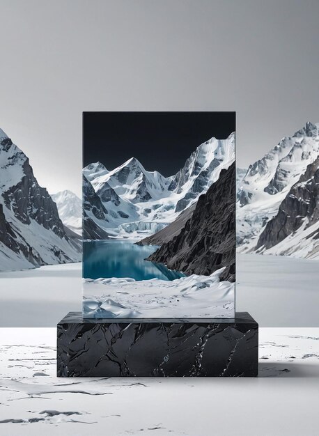 una foto in bianco e nero di montagne con un lago al centro