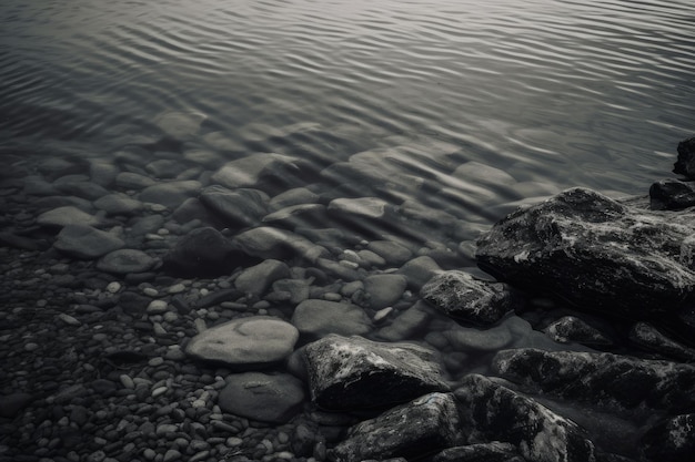 Una foto in bianco e nero di rocce e acqua che genera AI