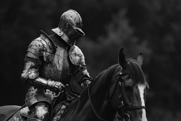 Una foto in bianco e nero di un cavaliere su un cavallo