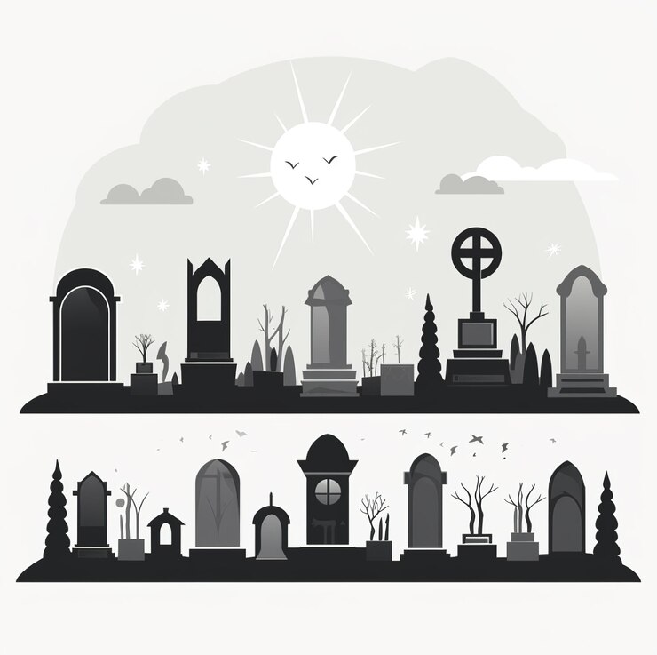 Foto una foto in bianco e nero di un cimitero con un sole nel cielo.