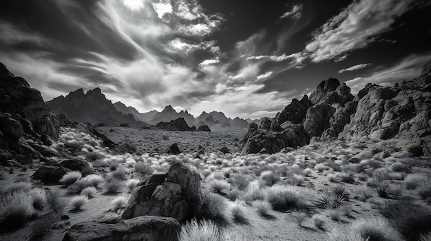 Una foto in bianco e nero di un deserto con le montagne sullo sfondo.