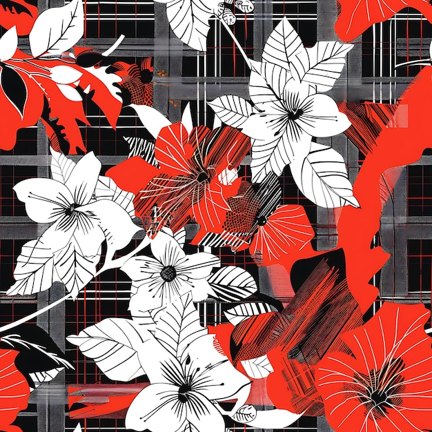 una foto in bianco e nero di un disegno floreale rosso