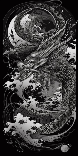 Una foto in bianco e nero di un drago e di un'onda generativa ai