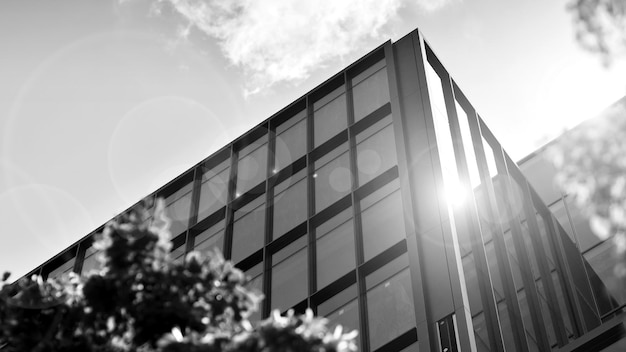 una foto in bianco e nero di un edificio con il sole che splende attraverso le finestre.