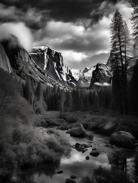 Una foto in bianco e nero di un fiume con le montagne sullo sfondo.