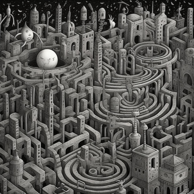 una foto in bianco e nero di un grande labirinto con una palla e un edificio sullo sfondo.