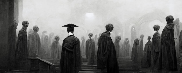 Una foto in bianco e nero di un gruppo di persone in una chiesa con un berretto di laurea sul davanti.