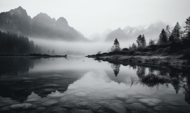 Una foto in bianco e nero di un lago con le montagne sullo sfondo.