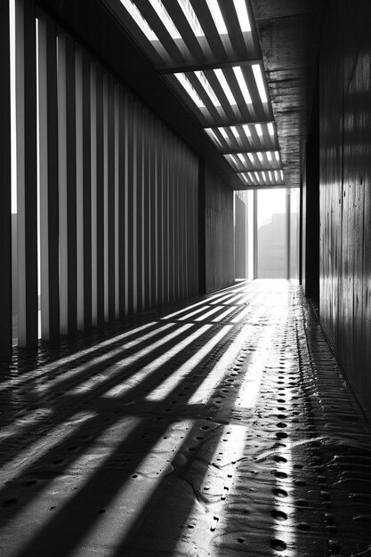 una foto in bianco e nero di un lungo corridoio