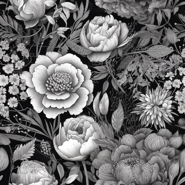 Una foto in bianco e nero di un mazzo di fiori su uno sfondo nero generativo ai