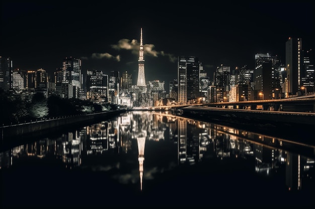 Una foto in bianco e nero di un paesaggio urbano con un riflesso dello skyline della città.