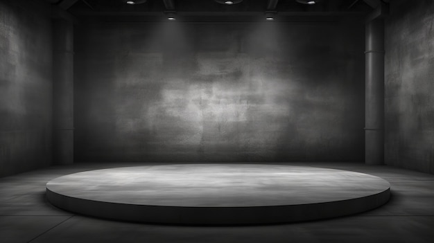 Una foto in bianco e nero di un palco rotondo con un grande palco rotondo al centro.
