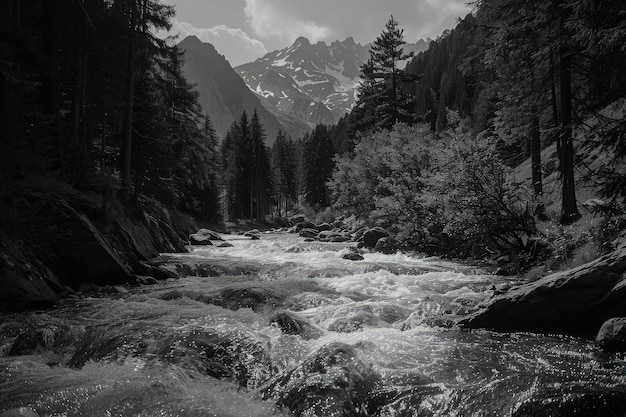Una foto in bianco e nero di un ruscello di montagna