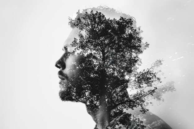 una foto in bianco e nero di un uomo con un albero in testa