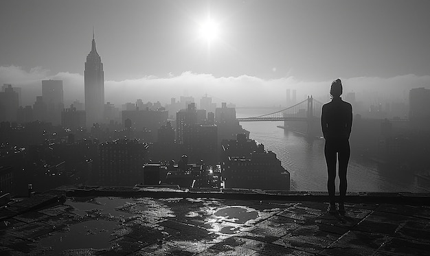 una foto in bianco e nero di un uomo in piedi su un molo che guarda il ponte