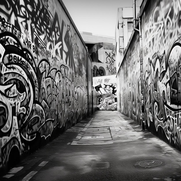 Una foto in bianco e nero di un vicolo stretto con graffiti sui muri.