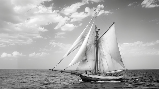 Una foto in bianco e nero di una barca a vela nell'oceano