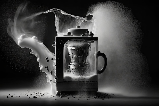 Una foto in bianco e nero di una caffettiera geyser con getto di vapore e acqua visibile