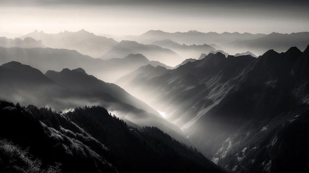 Una foto in bianco e nero di una catena montuosa con nebbia nell'aria e un sole splendente nel cielo sopra la catena montuosa IA generativa