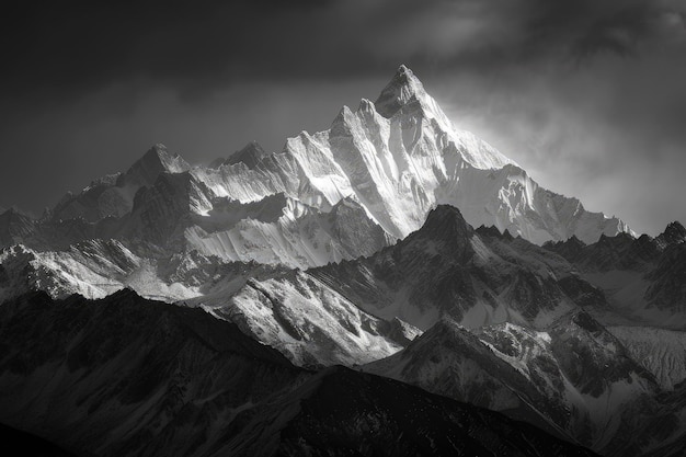 Una foto in bianco e nero di una catena montuosa