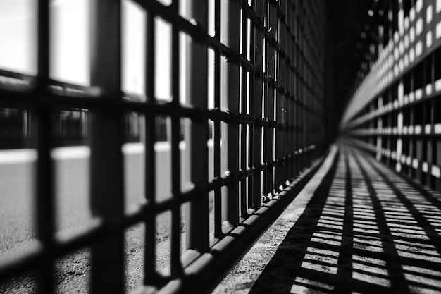 una foto in bianco e nero di una cella di prigione