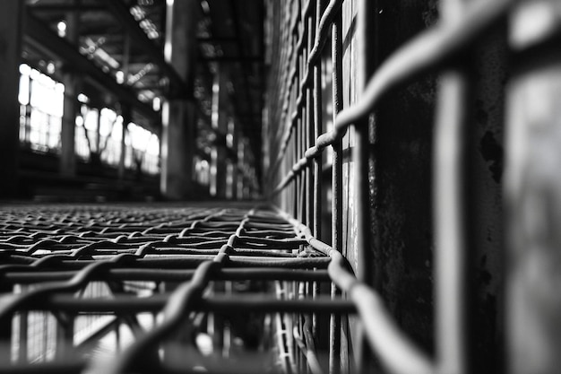 una foto in bianco e nero di una cella di prigione