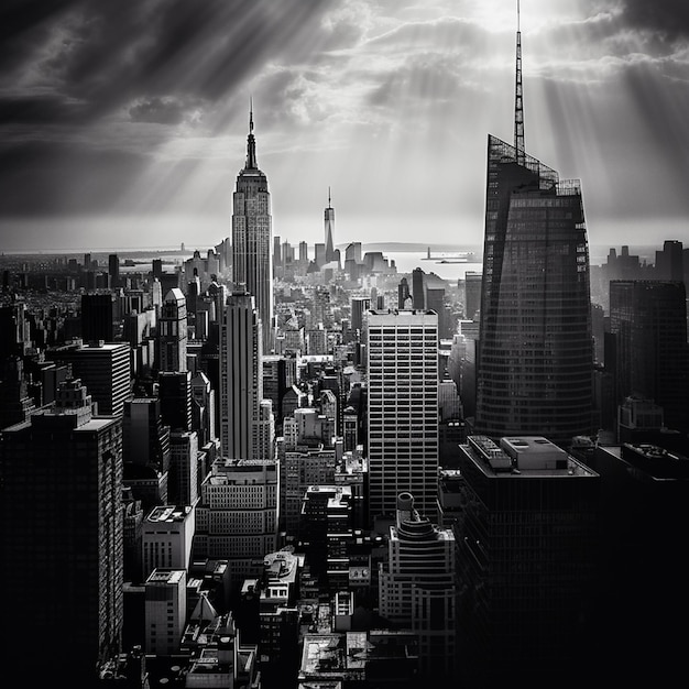 Una foto in bianco e nero di una città con l'Empire State Building sullo sfondo.