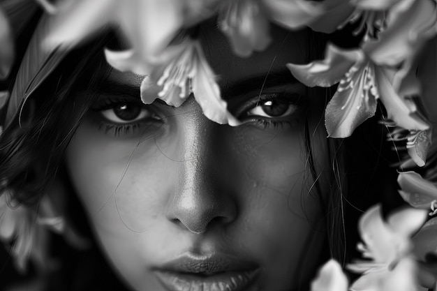 Una foto in bianco e nero di una donna con dei fiori nei capelli