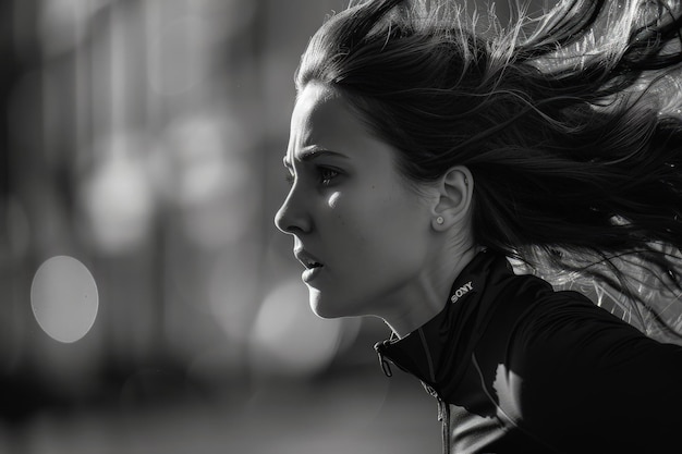 Una foto in bianco e nero di una donna con i capelli che soffiano al vento