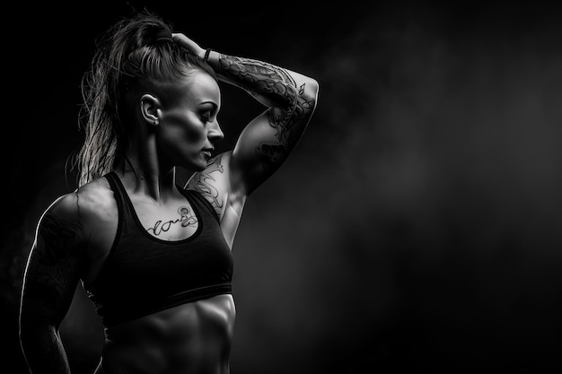 Una foto in bianco e nero di una donna con tatuaggi su un banner del concetto di palestra di fitness