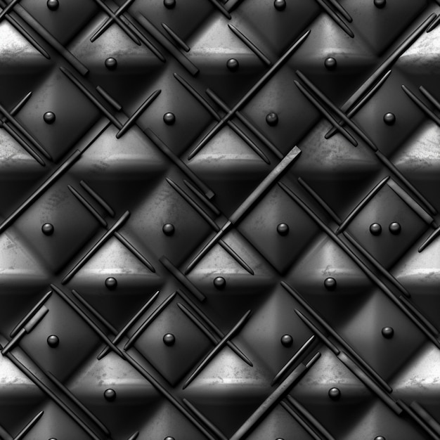 Una foto in bianco e nero di una griglia metallica con rivetti generativi ai